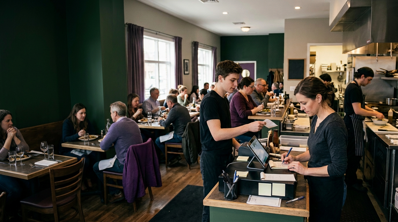 Restaurant owner and staff coordinating a busy service