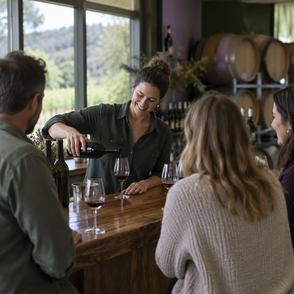Cellar door host pouring a wine tasting for visitors